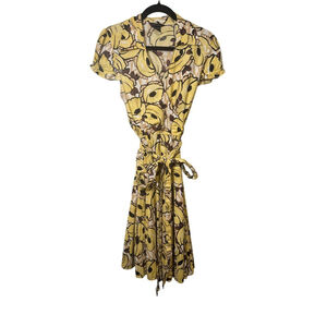 Moda International Wrap Dress Yellow Brown Posey Flower Print Cotton Size 12 Pre